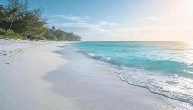 Tropical shoreline reflecting golden sun, turquoise waves lapping white sand for travel ads