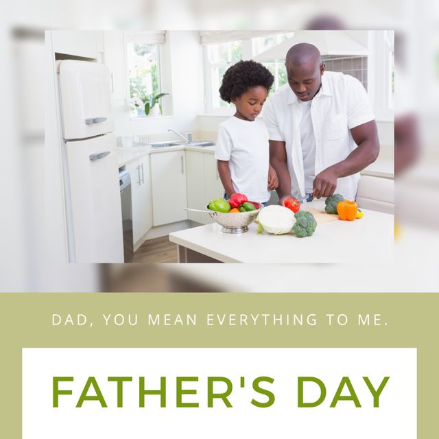 Image depicts an African American father teaching his young son to cook in the kitchen. The son stands on a chair to reach the counter as they prepare vegetables. Ideal for Father's Day advertisements, family-oriented cooking classes, articles on parenting and bonding activities, and promotional material highlighting family values and togetherness.