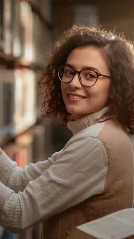 Young woman wearing glasses browsing library shelves smiling while selecting study book