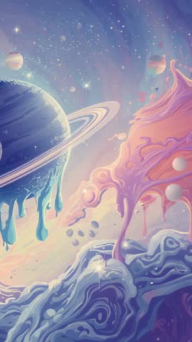 Vertical video showing ringed planet dripping pastel paint against surreal nebula