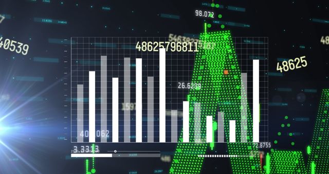 Features a digital bar graph with numbers and stock data set against a dark background. Perfect for finance blogs, investment websites, trading platform advertisements, and financial data analysis articles. Ideal for all content related to stock market performance and trading insights.