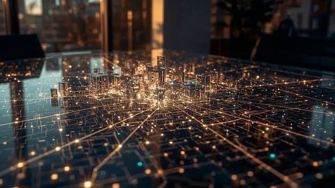 Futuristic Holographic Cityscape on Circuit-Like Table