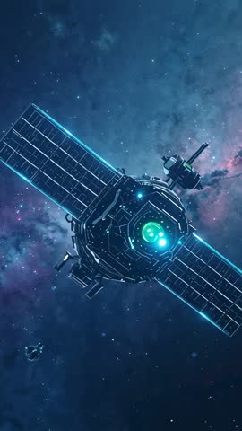 Tilting spacecraft rotating and drifting above nebula, revealing green core and solar arrays