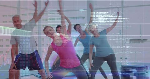 Group Fitness Class Doing Side-Bends with Data Overlay for Wellness Analytics and Mobility