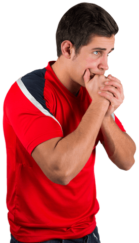 Nervous Football Fan in Red Jersey Isolated on Transparent Background