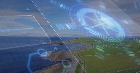 Futuristic Compass Overlay on Scenic Coastal Landscape