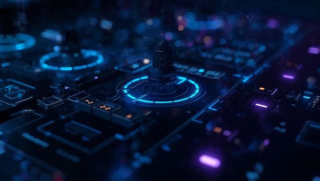 Pulsating sci-fi control console with neon-blue glow