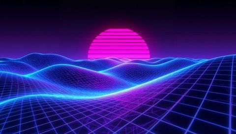 Glowing neon wireframe horizon with rising magenta sun, retro synthwave vaporwave landscape
