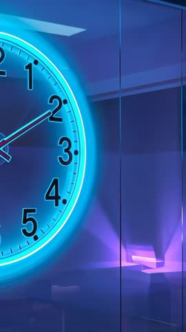 Neon Clock Ticking on Glass Partition with Purple LED Uplights | Vertical Ambient Office Clip