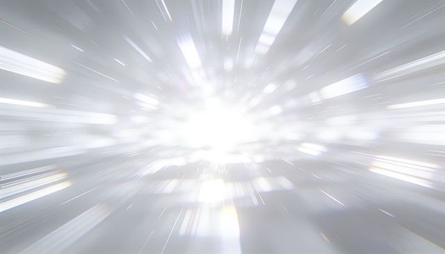 Radiant white light burst with radial streaks and lens flares for futuristic background