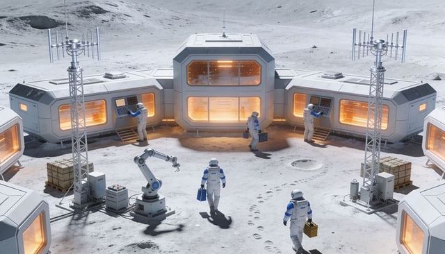 Lunar Base Crew Inspecting Central Habitat Module with Robots and Antenna Towers