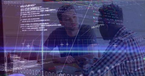 Two Professionals Collaborating on Data Analysis with Digital Overlays