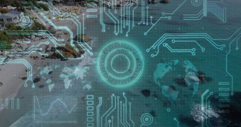 Futuristic HUD Overlay on Scenic Coastal Beachfront