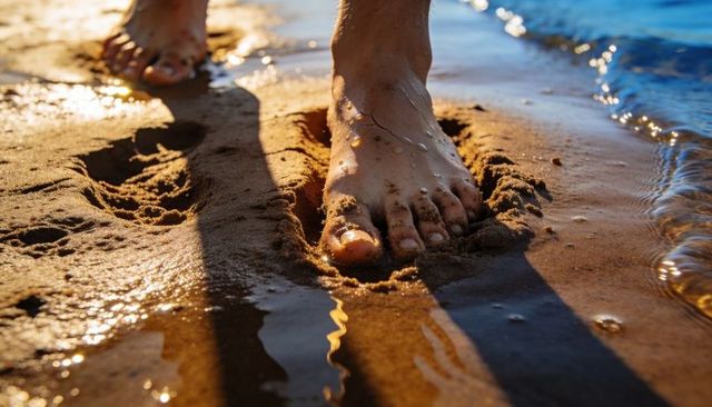 Sunlit bare foot pressing into wet sand at shoreline leaving footprint and foam