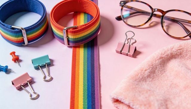 Rainbow striped ribbon and buckle straps with pastel binder clips on pink desk flatlay