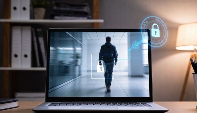 Laptop displaying walking man with digital padlock overlay showcasing cybersecurity privacy