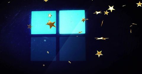 Glowing four-pane window emblem with gold star confetti on dark cyan desktop