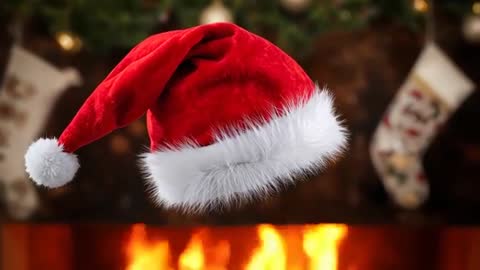 Floating Santa Hat Drifting Over Cozy Fireplace Mantel With Stockings and Warm Glow