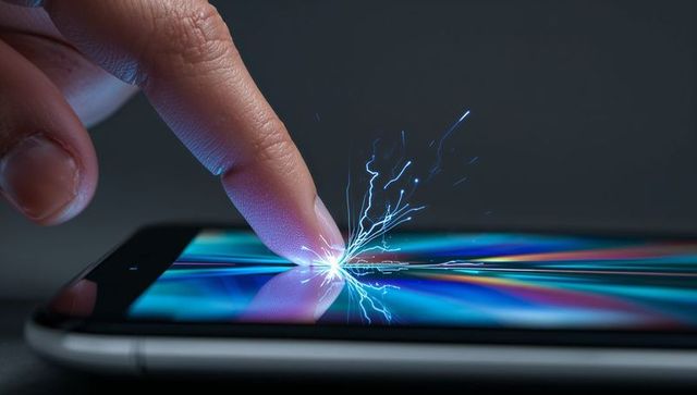 Pressing fingertip creating electric spark on smartphone screen reflecting colorful light