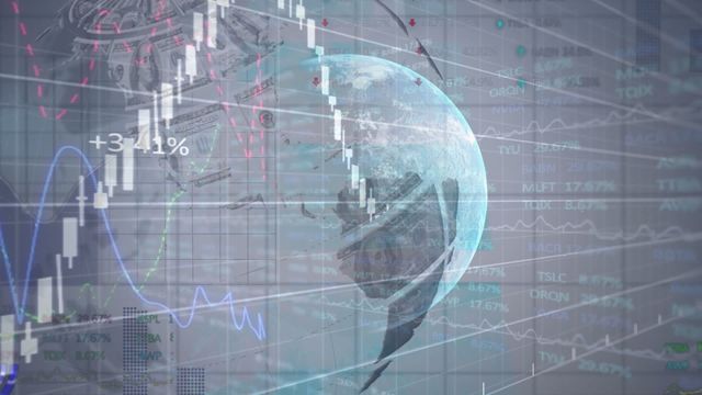 The visual displays a transparent globe layered over fluctuating financial charts and graphs, creating a dynamic composition that represents the interconnectedness of global economies. Ideal for use in presentations on international finance, economic analyses, and trade methodologies, or as a conceptual illustration for financial news platforms and reports.