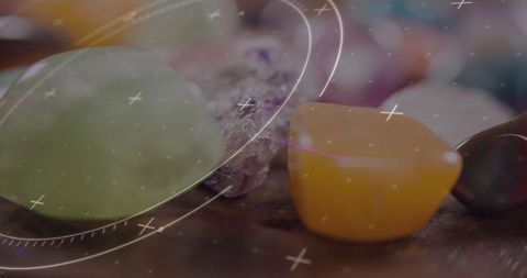 Colorful Gemstones and Beads with Digital Overlay on Craft Table