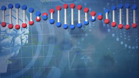 DNA Helix Animation Over Digital Brain and Graphs