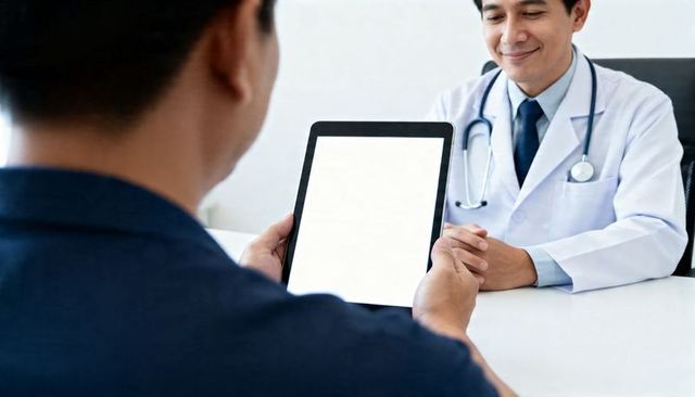 Patient viewing tablet while consulting smiling doctor in clinic for digital health care