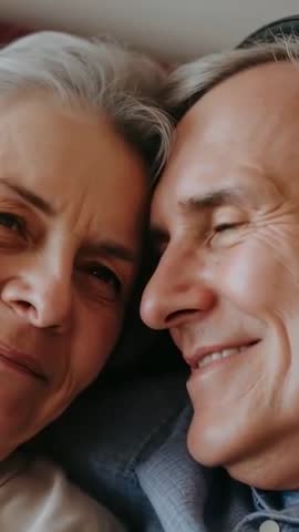 Vertical video: Elderly couple reclining on sofa, smiling and sharing tender gaze