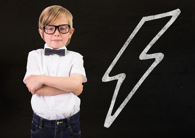 Young boy with glasses stands confidently with arms crossed in front of a blackboard with a lightning bolt drawing. Ideal for educational content, classroom environments, confident children themes, and back-to-school promotions.