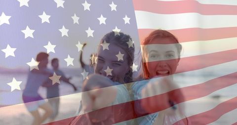 Joyful Women Celebrating Summer Freedom with USA Flag Overlay