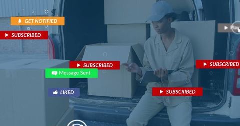 Courier documenting deliveries on tablet with notifications