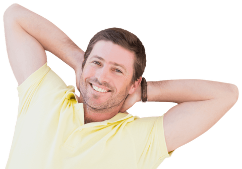 smiling caucasian man relaxing with hands clasped in yellow shirt transparent background - Download Free Stock Videos Pikwizard.com