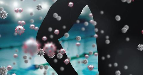 Silhouette of Swimmer Amidst Floating COVID-19 Particles in Swimming Pool