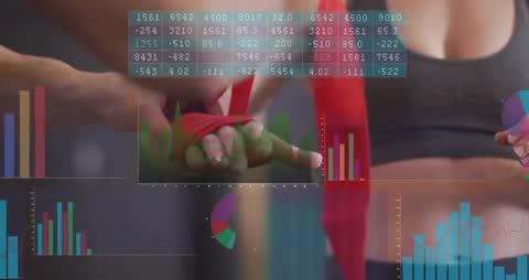 Athlete Wrapping Wrist While Coach Helping with Red Hand Wrap and Performance Data Overlay