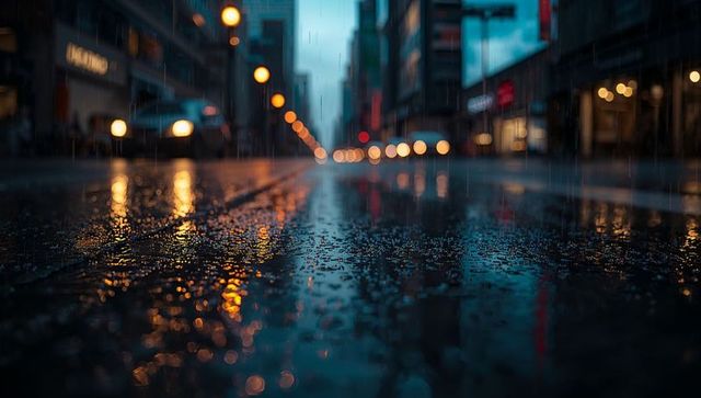 Dusk rain reflecting on wet asphalt with bokeh streetlights, puddles and urban glow