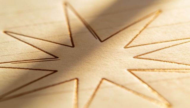 Embossed gold eight-pointed star on cream cardstock macro, metallic foil texture and shadow