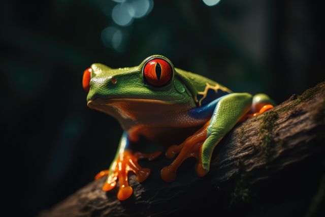 This stunning image features a red-eyed tree frog perched on a branch, highlighting the vibrant colors and details of its skin and eyes. Perfect for educational materials about amphibians or rainforest ecosystems, wildlife conservation campaigns, or themed decor emphasizing exotic nature.