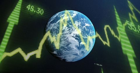 Earth surrounded by financial data and rising arrows