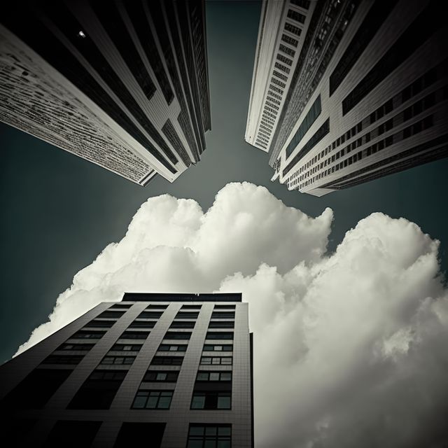 Upward view of tall skyscrapers in an urban environment with dramatic clouds in the sky. Perfect for usage in urban planning, architectural designs, modern cityscape illustrations, business presentations, and background illustrations for marketing materials related to real estate and urban development.