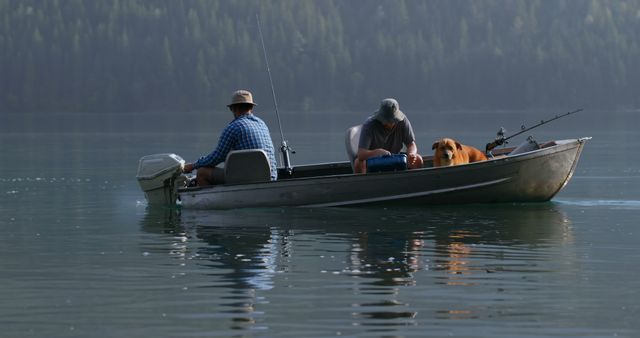 Two Men Fishing in Silent Lake with Their Dog - Download Free Stock Images Pikwizard.com