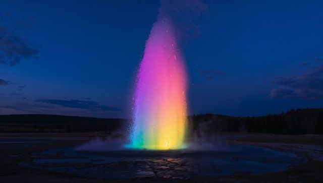 Spectacular rainbow-lit geyser eruption at night in national park
