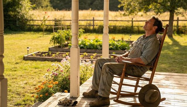 Farmer sitting in rocking chair on sunlit porch overlooking vegetable garden and field