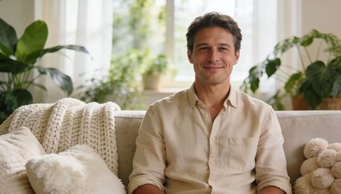Smiling man relaxing on cozy sofa with blanket and houseplants in sunlit living room