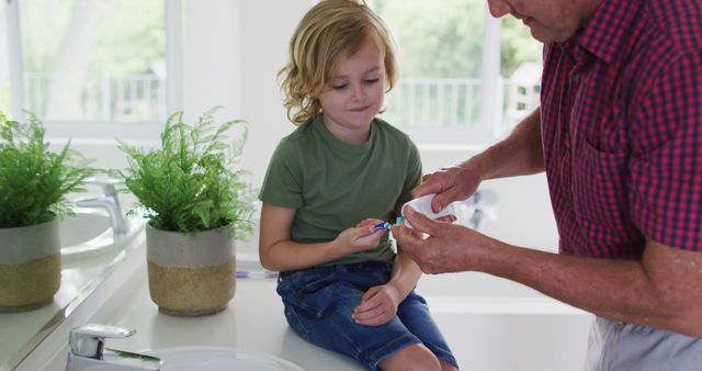 A grandfather assists his grandchild in squeezing toothpaste onto a toothbrush in a bright, clean bathroom. The image illustrates family bonding, hygiene practices, and intergenerational support, making it suitable for use in advertisements, educational resources about dental hygiene, and articles on family and parenting.