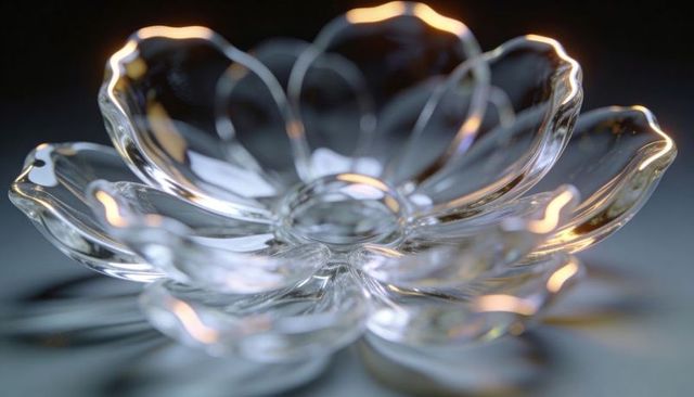 Crystal flower glass bowl macro with warm amber rim light and translucent reflective detail