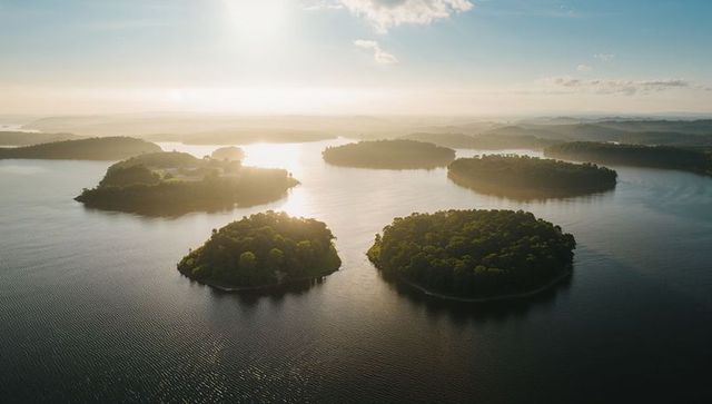 Golden-hour aerial view of tree-covered islets on tranquil misty lake reflecting sun, haze