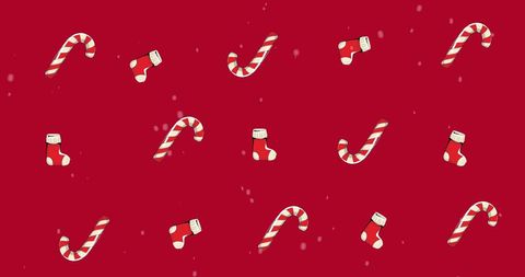 Christmas Pattern with Candy Canes and Stockings on Red Background