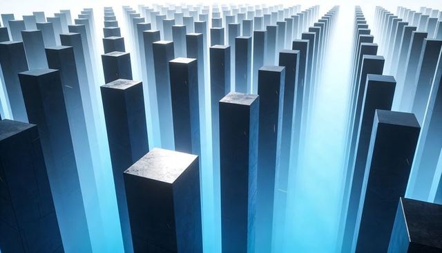 Endless Columns Vanishing Into Mist with Blue Backlight Conveying Futuristic Scale