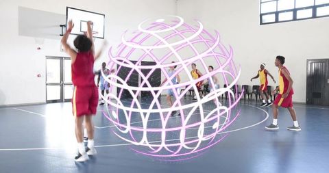 High school basketball players shooting with neon wireframe globe overlay in gym