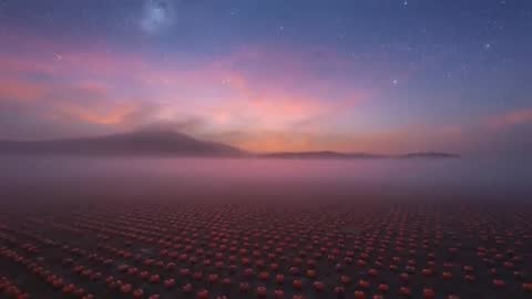 Twilight over Misty Pumpkin Field with Milky Way in Rustic Farm